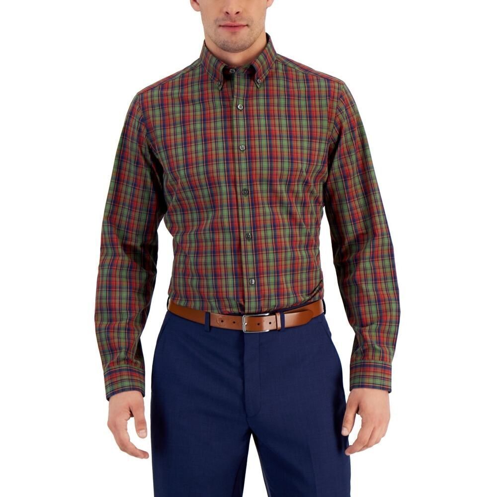 Club Room Men's Slim Fit‎ 4-Way Stretch Olive and Red Button Down Shirt